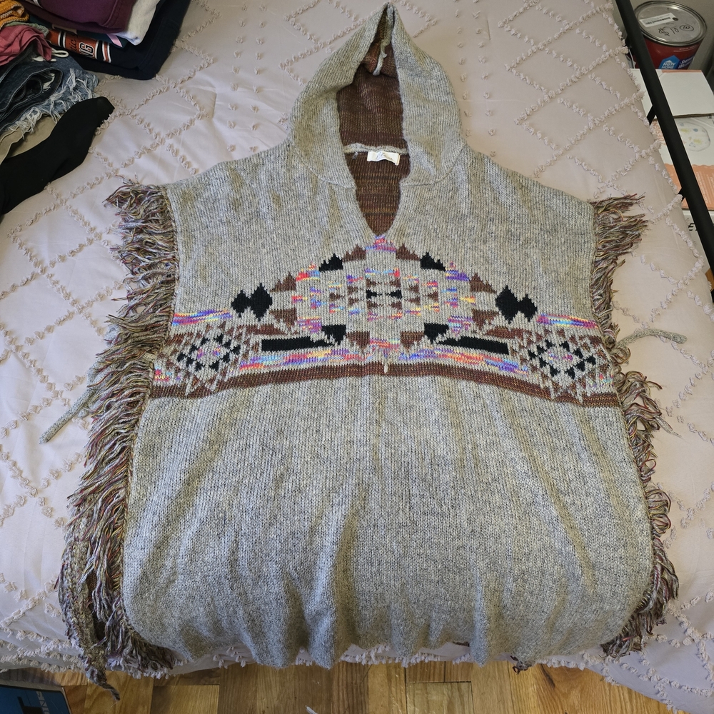 Hooded Poncho with Fringe